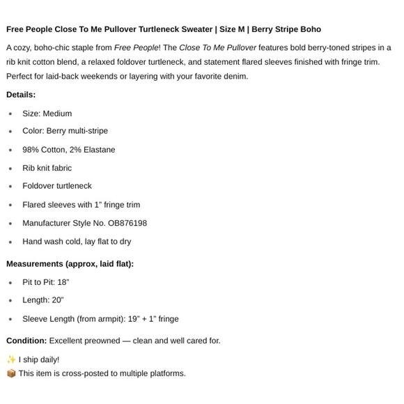 Free People SZ M Close To Me Pullover Cowel Neck Striped Sweater In Berry Boho - Picture 6 of 6